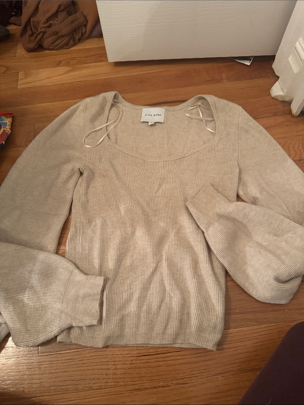 Pink Rose Beige Scoop Neck Tie-Shoulder Ribbed Sweater